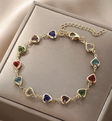 Buntes Kristall Herz Armband Gold Charm Damen Schmuck Liebe Geschenk  - Bild 1 von 4