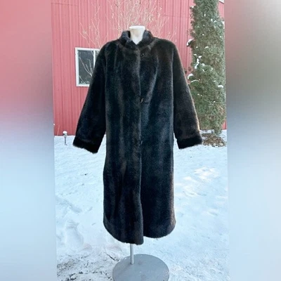 Abrigo/trinchera reversible de piel sintética marrón largo vintage para mujer ~ L ~ Foto 1 de 4