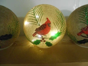 Set of 3~Large LIGHT UP CHRISTMAS BALL ORB with Red Cardinal~Battery~Works - Picture 1 of 7