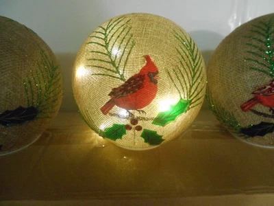 Set of 3~Large LIGHT UP CHRISTMAS BALL ORB with Red Cardinal~Battery~Works - Image 1 of 4