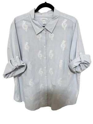 Camisa Croft & Barrow 2X bordada com punho branco azul botão listra algodão - Imagem 1 de 4