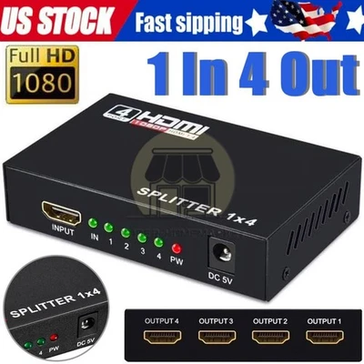 HDMI Splitter 1 In 4 Out 4K UHD HD 1080P 4-Port Repeater Splitter Amplifier 1x4 - Image 1 of 4