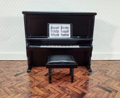 Piano vertical miniatura con asiento de banco madera escala 1:12 casa de muñecas acabado negro Foto 1 de 4