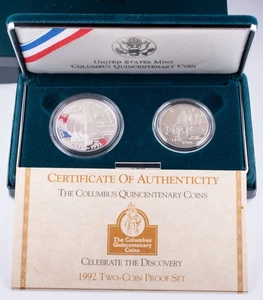 1992 Columbus Quincentenary Two-Coin Proof Set Silver $1 Clad 50c U.S. Mint COA - Picture 1 of 5