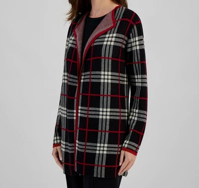 Cárdigan suéter Kasper para mujer negro/rojo a cuadros cuello drapeado frente abierto talla XL Foto 1 de 2