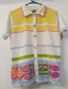 Vtg Storybook Knits Summer Sandals Button Up Top Sz S Embroidery & Beads - Picture 1 of 14