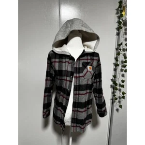 Carhartt Kids Plaid Flannel Hooded Button-Up Shirt Gray Black Red Casual LG 1416 - Picture 1 of 7