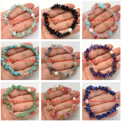 Natürlich 5-8mm Mehrfarbige Jade Kies Chip 7-8mm Weiß Barock Perle Armband 19cm - Bild 1 von 4