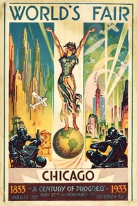 Affiche de voyage style vintage Exposition universelle de Chicago 1933 - 11x17 siècle de progrès - Photo 1 sur 1