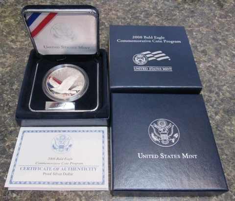 2008 Proof American Bald Eagle Commemorative Silver Dollar Box & COA Cover