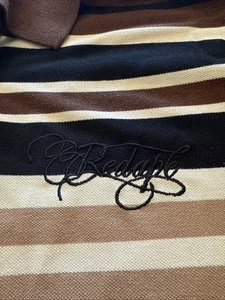 Red Ape Polo Shirt Large Tan, Cream & Brown Stripe Gold Tone Red Ape Logo - Picture 1 of 7