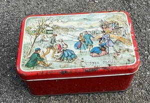Vintage Red Rectangular Winter Frolic Skating Scene Tin - Picture 1 of 5