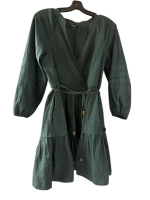 Madewell Crinkle Poplin Wrap Mini Dress Womens XS Dark Palm Tiered Puff Sleeve - Image 1 of 4