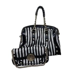 Henri Bendel 712 5th Ave Satchel & Clutch Set Stripe Centennial Chain Accents - Picture 1 of 19