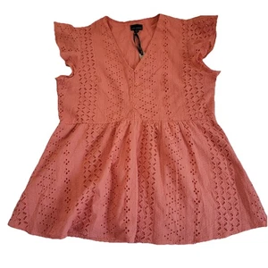 Coco + Carmen Eyelet Button Front Top Flutter Sleeve Coral S/M Woman’s Cute - Picture 1 of 11