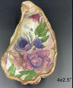 Vergoldet Decoupage Floral Dekorative Austernschale Schmuck Ring Schale 4x2,5" - Bild 1 von 4