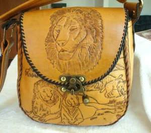 Vtg 70’s Hand Tooled Leather Purse Lion Lioness Hyena Shoulder bag HIPPIE BoHo - Picture 1 of 20