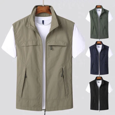 Mens Multi Pocket Vest Zipper Gilet Jacket Hiking Hunting Fishing Waistcoat Top - Image 1 of 4