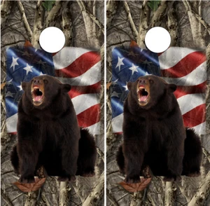 American Flag Hunting Bears Cornhole Wraps Boards Decals Bag Toss Game Stickers  - Picture 1 of 4