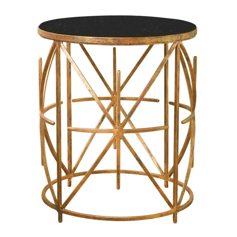 Mid Century Granite Top Iron X Side Table Gold Black Sunburst Starburst Modern - Image 1 of 1