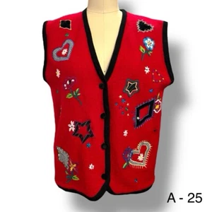Ladies Napa Valley Felted Red Wool Vest Hearts Flowers Valentines Love Size S - Picture 1 of 11