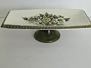 Vintage Keramik Sockel Bonboniere Schmuck Tablett Erhöht Blumenmuster 3"T x 11,5"W - Bild 1 von 11