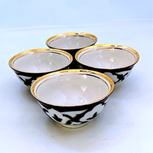 4 Uzbek Tashkent Porcelain Tea Bowls Pakhta Handpainted Cotton Flowers 1950's - Picture 1 of 13