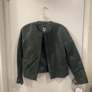 Anne Klein 100% Leather Blazer Crop Top Jacket  Womens Green Size 8 New w Tags - Picture 1 of 7