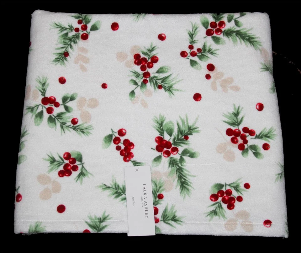Toalla de baño de terciopelo Laura Ashley "BERRY BRIGHT WHITE" Navidad acebo nueva con etiquetas Foto 1 de 1