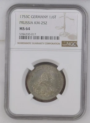 Coin Silver Prussia 1/6 Reichstaler 1753 C NGC MS 64 TOP POP 1/0 nswleipzig - Image 1 of 3