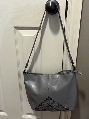 The Sak Indio Grey Leather Studded Hobo Bag Exterior Pocket Zip Closure 9x12 - Image 1 of 4