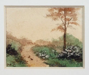 Mercy Creed. Fine early 20th painting. Miniature landscape. Path and birds. - Picture 1 of 3