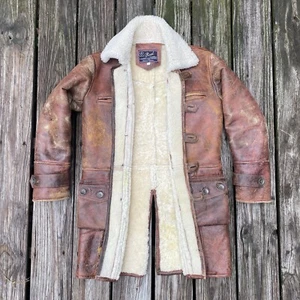 Vintage Real Leather Sheepskin Shearling Trench Coat Jacket Distressed Size M - Picture 1 of 9
