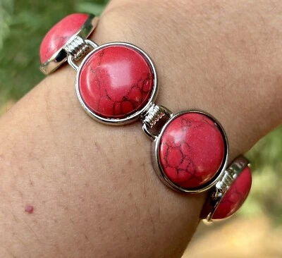 White Gold Plated Bracelet Bangle Jewelry, German Silver, Red Howlite, 6.5 inch - Image 1 of 4