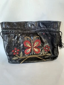 Francesco biasia hand bag black Purse 💯leather Embroidered Butterfly Flowers - Picture 1 of 12