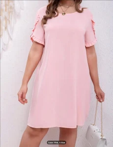 Plus Size Casual Dress Pink Solid Lettuce Trim Petal Sleeve Round Neck - Picture 1 of 3