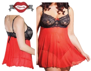 Babydoll Coquette negro/rojo de lujo transparente con aros 1X/2X 16-20 COQ-3392XL - Imagen 1 de 11