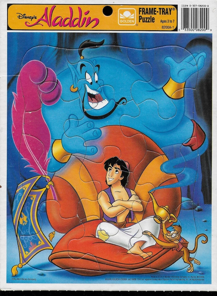 Rompecabezas bandeja marco dorado vintage Walt Disney Aladdin Genie Abu 12 piezas Foto 1 de 1