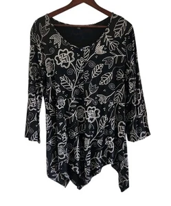 Gudrun Sjoden Black Floral Print Asymmetrical Hem Lagenlook Tunic Top Size L - Picture 1 of 9