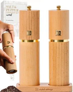 Wooden Salt and Pepper Grinder Set with Gold Accents – Refillable Wooden Manu... - Picture 1 of 8