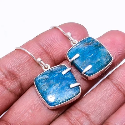 Brinco de prata esterlina 925 azul neon natural apatita -Bahia Mines 1,25" E19 - Imagem 1 de 4