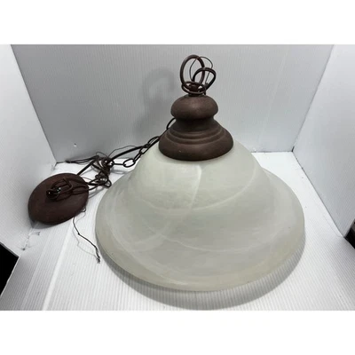White Swirl Glass Pendant Light Fixture Brown Metal Accent Kitchen Lighting VTG - Image 1 of 4