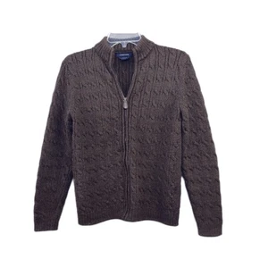 Lands End Cardigan Sweater Brown Cable Knit 100% Wool Full Zip Small - Picture 1 of 8