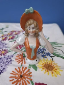 Vintage German Pin Cushion Half Doll Orange hat open arms 15154 9 cm - Picture 1 of 6