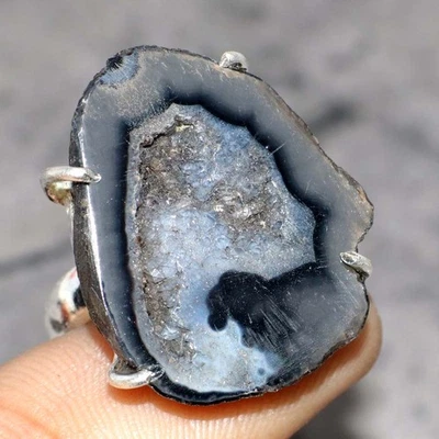 Кольцо с серебряным покрытием 925 пробы Black Botswana Druzy Slice США 7 уникальный подарок JW - Изображение 1 из 3