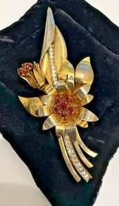 VINTAGE FRENCH 3-1/2" RED RHINESTONE FLOWER BROOCH - Picture 1 of 4
