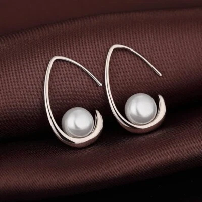 Fashion Woman White Gold Plated Pearl Earring Hook Drop Dangle Anti tarnish - Image 1 of 4