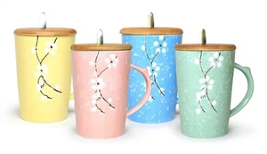 Ceramic Mug Sakura Floral Design with Spoon and Wood Lid - Picture 1 of 20