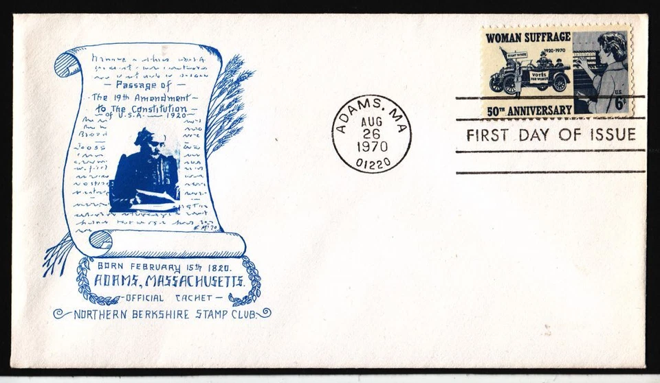 1970 Woman Suffrage Sc 1406 Northern Berkshire Stamp Club 1st cachet - Image 1 of 1