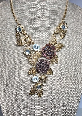  Gold tone Crystal 3-D  jeweled Flower necklace  - Image 1 of 4